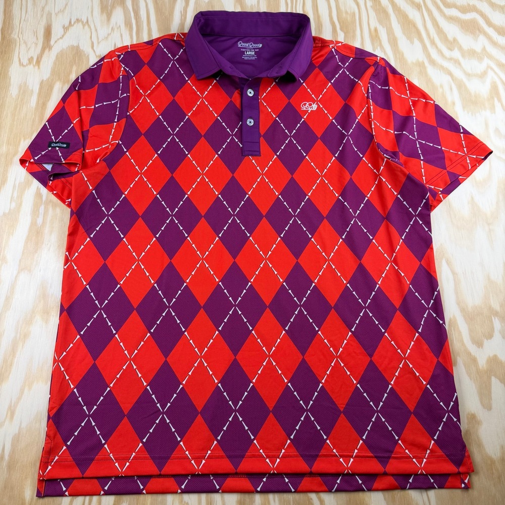 Good Good Golf‎ Mens Argyle Polo Shirt Red Purple Large Performance Golf Tee